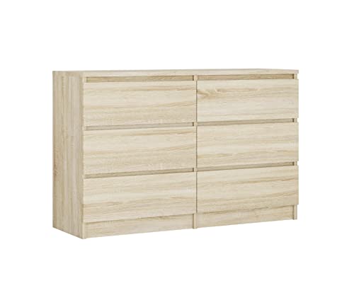 3xEliving Commode élégante et spacieuse Demii 6 tiroirs 140cm, chêne sonoma, parfaite pour le salon, le bureau, la chambre. Dimensions: 140 x 38 x 78 cm.