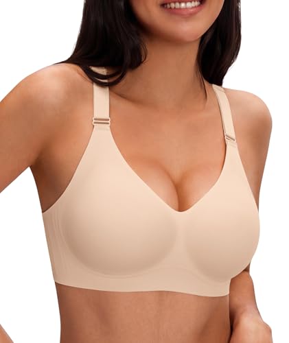 Finduself Jelly Bras for Women Deep V Wireless Seamless Tshirt Bras Push Up Plunge Supportive No Underwire Bralettes Bras Nude