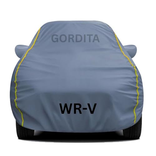 Image of Waterproof Car Body Cover for WR-V All Weather Protection Comes with Inner Cotton Lining & Triple Stitched with Mirror & Antenna Pocket Belt & Elastic Fit Grey with Yellow Piping2