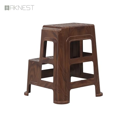 Image of Oaknest Supreme Multipurpose Plastic 2-Step Stool for Kids & Adults - Anti-Slip Lightweight Stepping Stool for Kitchen, Bathroom & Home - Teakwood, 2 Piece