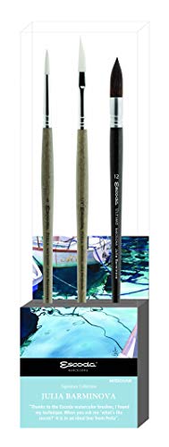 ESCODA Set 3 Pinceles Acuarela - N.6 Redondo Punta, N.1/4" Espada, N.12 Mop Pelo Sintético Set Julia Barminova Serie Perla Ultimo Profesional Fabricado a Mano en España Cover