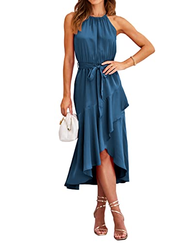 Dowerme Women's 2023 Casual Midi Satin Dresses Halter Neck Sleeveless Belted Ruffle Solid Wrap Club Prom Cocktail Dress(Solid Dark Blue,Medium) #TOP6