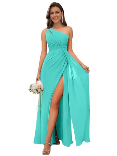 Image of OFEECHUN Women's Chiffon One Shoulder Bridesmaid Dresses Long Pleated Formal Evening Gowns with Slit