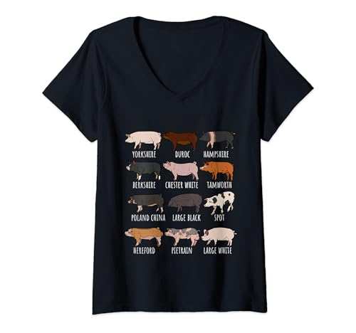 Donna Tipo di maiale Razze Collection, Cute Piggery Farm Pig Farmers Maglietta con Collo a V