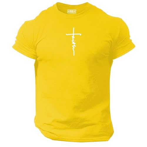 Image of Faith T Shirt Gym Clothing Bodybuilding Training Workout Exercise Boxing MMA Gymwear Top (UK, Alpha, M, Regular, Regular, Yellow)