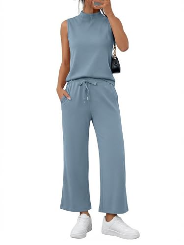 Women's Summer 2 Piece Outfits Mock Neck Tank Top Cropped Wide Leg Pants Lounge Sets 2025 Fashion Tracksuit