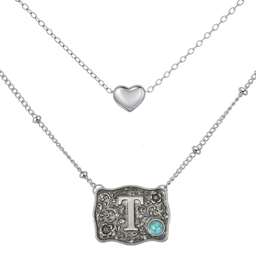 Image of Belt Buckle Bracelet Initial Letter A-Z Bracelets Western Cow Tag Bracelet Belt Buckle Necklace Western Style Initial Letter Pendant Necklace