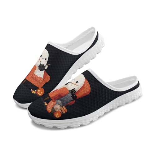 FOR U DESIGNS Women Mesh Slip on Mules Lightweight Comfy Halloween Flats Non Slip Casual Walking Shoes for Travel Vacation