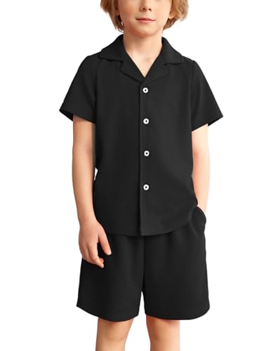Image of Arshiner Toddler Boys 2 Piece Summer Outfits Waffle Knit Short Sleeve Button Down Shirt & Casual Shorts Sets Size 2-7