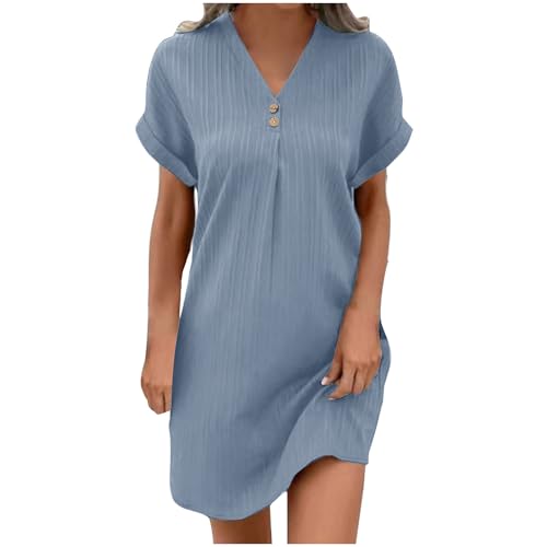 KQIVAM Sommerkleid Damen Kleider Musselin Kleid Damen Luftige Knopfleiste Knielang Strandkleid Einfarbig Sommer Shirtkleider Kurzarm Freizeitkleid...