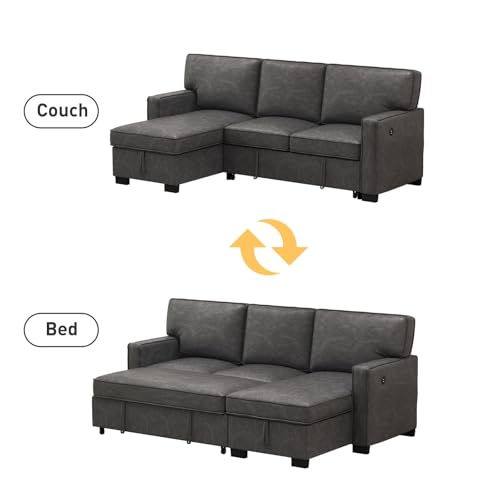 EBELLO Convertible Sleeper Sofa 3 in 1, Faux Leather Modern L-Shaped Couches for Living Room, Pull Out Sectional Futon Sofa Bed with Storage Space, USB Ports and Cup Holders for Bedroom - Thumbnail 6