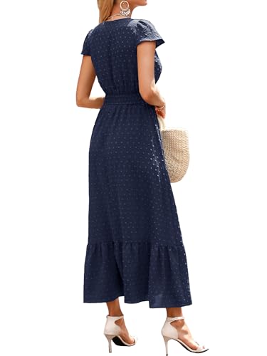 Image of CzzzyL Women Nursing Boho Maxi Dresses Cap Short Sleeve V Neck Swiss Dot High Waisted A-Line Ruffle Tiered with Pockets