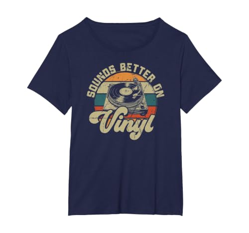 Vinyl Record Player Retro Quote Sounds Better On Vinyl T-Shirt, Women's Plus, Navy Blue, 2X