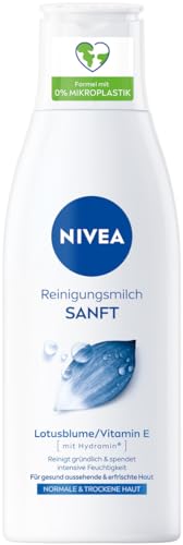 NIVEA Leche limpiadora suave para piel normal y seca, desmaquillante limpia a fondo, limpieza facial suave, elimina el maquillaje y la máscara impermeable, limpiador con vitamina E (200 ml)