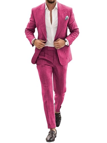 Conjunto de traje de lino para hombre, esmoquin casual, 2 piezas, blazer de ajuste regular, chaqueta y pantalones sólidos con un botón, para graduación, boda, fiesta, Rosa Roja, 60