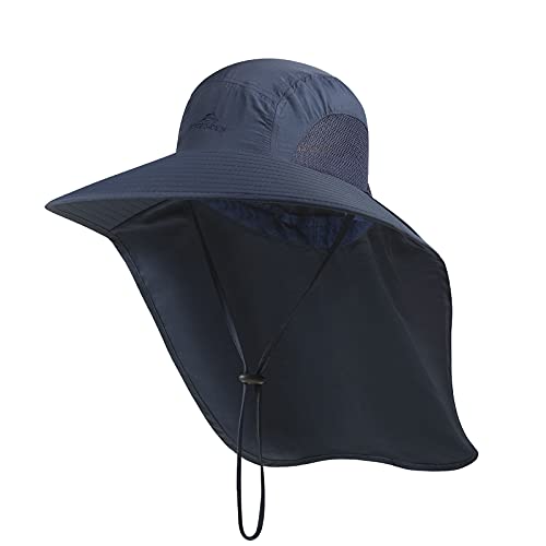 Outdoor Sun Hat For Men With 50+ Upf Protection Safari Cap Wide Brim Fishing Hat With Neck Flap, For Dad Navy Blue #TOP2