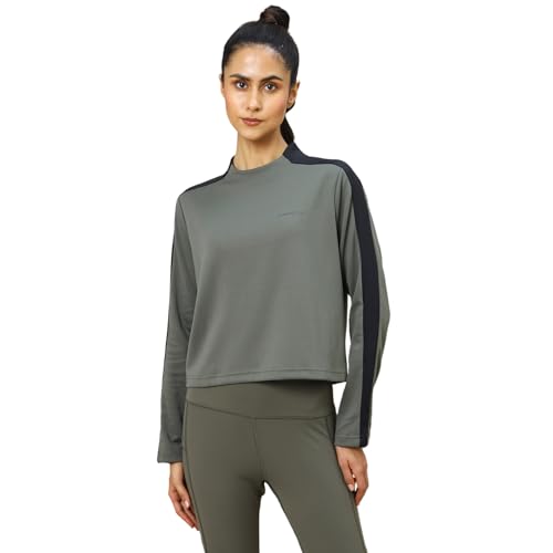 Image of TECHNOSPORT Womens Polyester Crew Neck Slim Fit Color Blocked Crop Sweatshirt Quick Dry & Antimicrobial