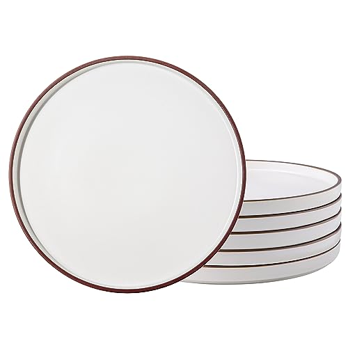 LERATIO Ceramic Plates,8.0 Inch Flat Salad Plates Set of 6,High Edge Modern plates for Kitchen,Microwave & Dishwasher & Oven Safe, Scratch Resistant Dishes Set-Matte White with Rim