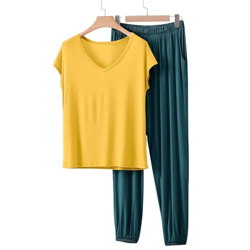 Image of HGps8w Women's Modal Soft Summer Pajamas Sets, Loose V Neck Short Sleeve Top Joggers Pants Matching 2 Piece Lounge Outfits