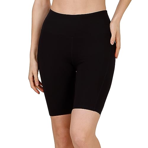 Image of SOIE Women Polyester Blend Sports Shorts High Waist Knee Length with Side Pocket Quick Dry Squat Proof Athleisure Shorts for Workout