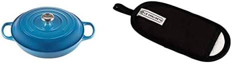 Le Creuset Signature Enamelled Cast Iron Shallow Casserole Dish With Lid, 30 cm, 3.2 Litres, Marseille Blue, 211803020 & 4-Layered Textile Handle Glove, Stain Resistant, Black