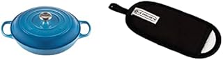 Le Creuset Signature Enamelled Cast Iron Shallow Casserole Dish With Lid, 30 cm, 3.2 Litres, Marseille Blue, 211803020 & 4-Layered Textile Handle Glove, Stain Resistant, Black