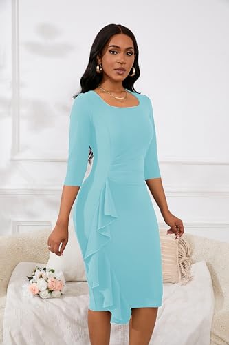 Image of Womens 1950s Vintage Bodycon Dress 3 /4 Sleeve Square Neck Cocktail Pencil Sheath Midi Dress Elegant