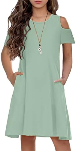 Arshiner Cold Shoulder Short Sleeve Summer Casual Sundress A-line Dress with Pockets Mint Green 8-9 Years