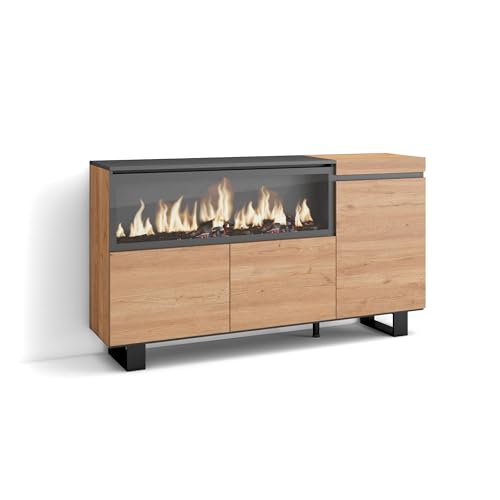 Skraut Home | Buffet Salon et Cuisine | Meuble de Rangement, Commode | 160 | 3 Portes | Cheminée électrique XXL | Design Industriel | Style Moderne | Chêne