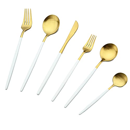 BRIIEC 36 Pieces White Handle Gold Silverware Set, Steak Knives,18/0 Stainless Steel Flatware Cutlery Set, Service for 6, Kitchen Utensil Tableware Set, Hand Wash Recommended