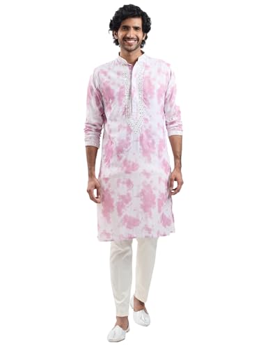 Ensemble kurta broderie miroir Vastramay, coton premium rose et crème pour homme