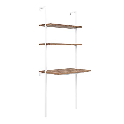 Nathan James Theo 2-Shelf Industrial Wall Mount Ladder, Small Computer or Writing Desk, Rustic Oak/White