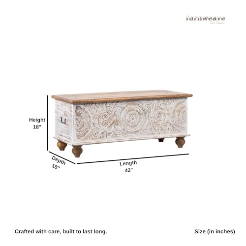 Image of Natura Solid Wood Coffee Table for Living Room Wooden Trunk Box for Storage | Handcrafted Center Table for Living Room with Sandook Storage | Pitara for Home (White Distress and Natural)