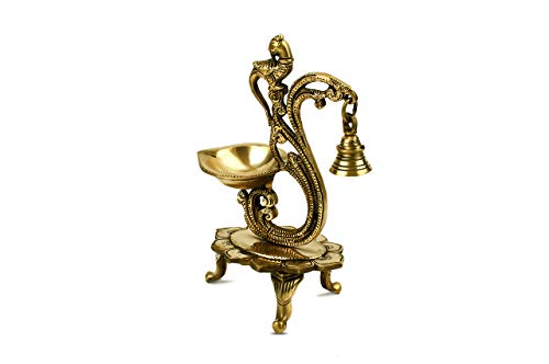 Image of GoldGiftIdeas Decorative Brass Diya with Bell, Brass Peacock Diya Stand, Brass Pooja Article, Housewarming /Diwali Gift (20 x 12 CM)