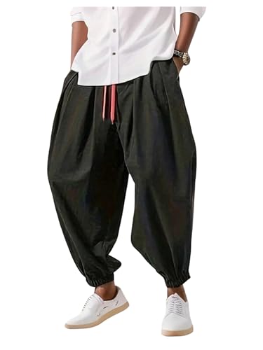 OYOANGLE Men's Baggy Jogger Pants Drawstring Waist Loose Fit Tapered Hippie Trousers