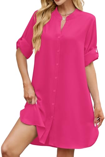 Image of PerZeal Womens Sexy V Neck Button Down Shirt Dresses Summer Short Sleeve Casual Loose Blouses & Button-Down Shifts Cover Ups