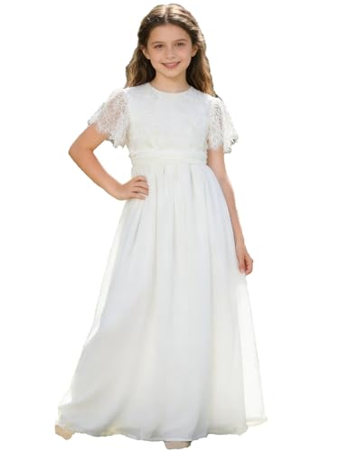 Aibaowedding Mädchen Vintage Chiffon Rüschen Ärmel A-Linie Hochzeit Party Maxi Junior Brautjungfer Blumenmädchen Kleid für Kinder (Weiß,8-9 Jahre)