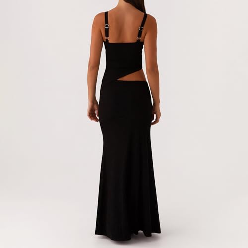Image of Women Cut Out Maxi Dress Sleeveless Spaghetti Strap V Neck Backless Summer Bodycon Long Dress Party Dress