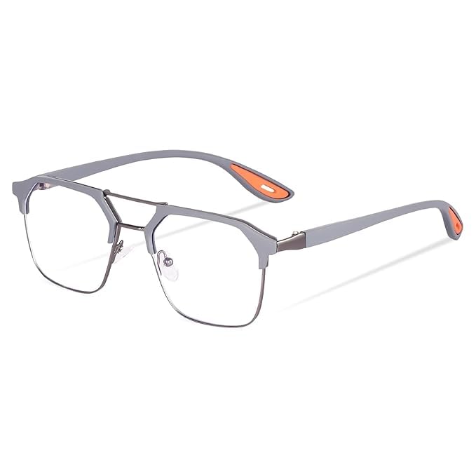 Image of Black Jones Half-Rim Aviator Eyeglasses Frame, Grey and Orange, Metal and Plastic, Double Bridge, Clear Lens