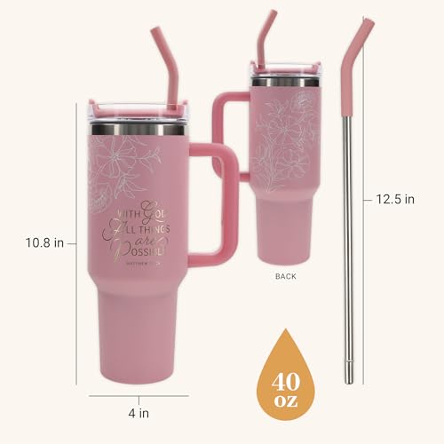 Image of Christian Art Gifts 40 oz Tumbler for Women: All Things are Possible Bible Verse, Stainless Steel, Insulated Travel Mug with Lid, Reusable Straw & Flex Tip, Pink Floral, Encouraging Gift for Women