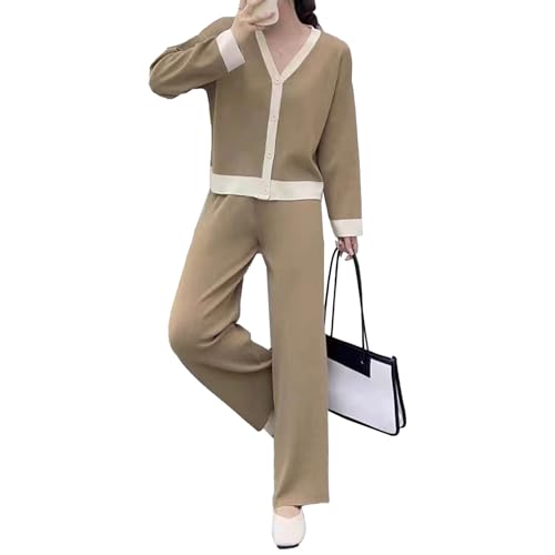 Conjunto de Dos Piezas de Punto para Estar cómoda en casa, Estilo otoño, para Mujer. Incluye cárdigan, pantalón y Chaqueta. Color café. Talla única.