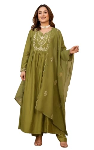 Image of Nermosa Women Embroidery Solid A-Line Kurta and Pant Set with Dupatta