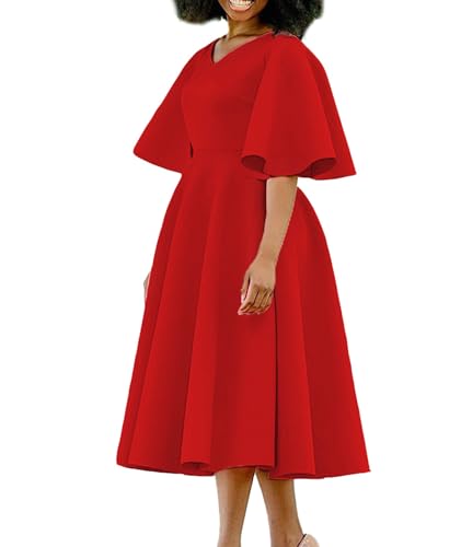 Image of SOMTHRON Women's Wrap V-Neck Ruffle Short Sleeve Midi Dress Elegant A Line Flowy Flared Cocktail Church Dress