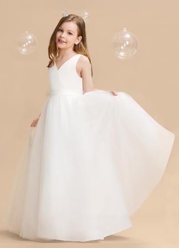 Satin Flower Girl Dress V-Back First Communion Girls Dresses White Maxi Ball Gown for Wedding Party with Bow-Knot2