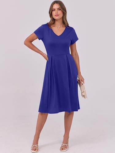 Image of ANRABESS Women Summer Dress Casual Short Sleeve V Neck A-Line Knee Length Pleated Flowy 2026 Fashion Midi Dresses with Pocket
