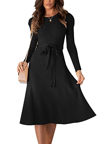 Aivtalk Strickkleid Damen Elegantes Freizeitkleid Langarm Midikleid A-Linien Kleider für Frühling Herbst und Winter Schwarz L Cover