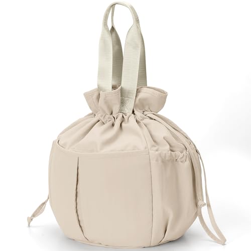 Hafmall 10L Cute Lunch Bag for Women, Large Drawstring Lunch Tote Lightweight Lunch Box for Work Travel, Loncheras para Mujer, Beige