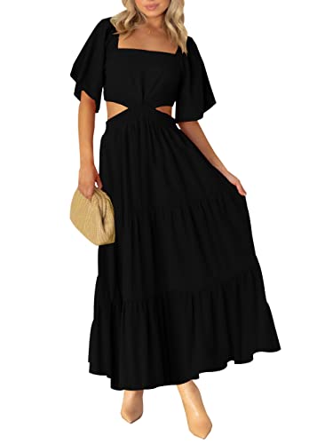 LEANI Women's Summer Maxi Dresses Sexy Cut Out High Waist Square Neck Short Sleeve A Line Tiered Long Dress Black