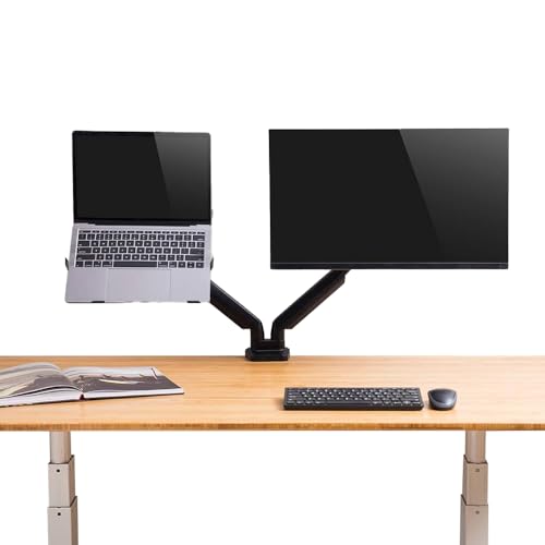 Image of Dual Monitor Arm + Laptop Tray| Gas Spring Mount for 13-32 Inch Screens| Full Motion Adjustable Stand| 1 Year Warranty| VESA 75x75 /100x100 Compatible| Clamp & Grommet Base| Supports Monitor & Laptop