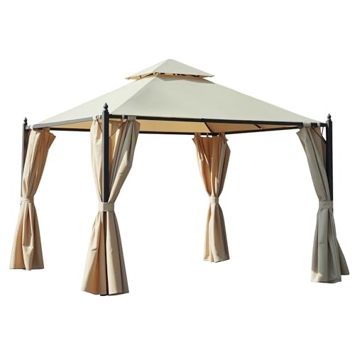 Outsunny Cenador de Jardín 3x3m Gazebo con Doble Techo 4 Cortinas Laterales Mejor Ventilación Exterior Espacioso para Fiesta Eventos Barbacoa Beige